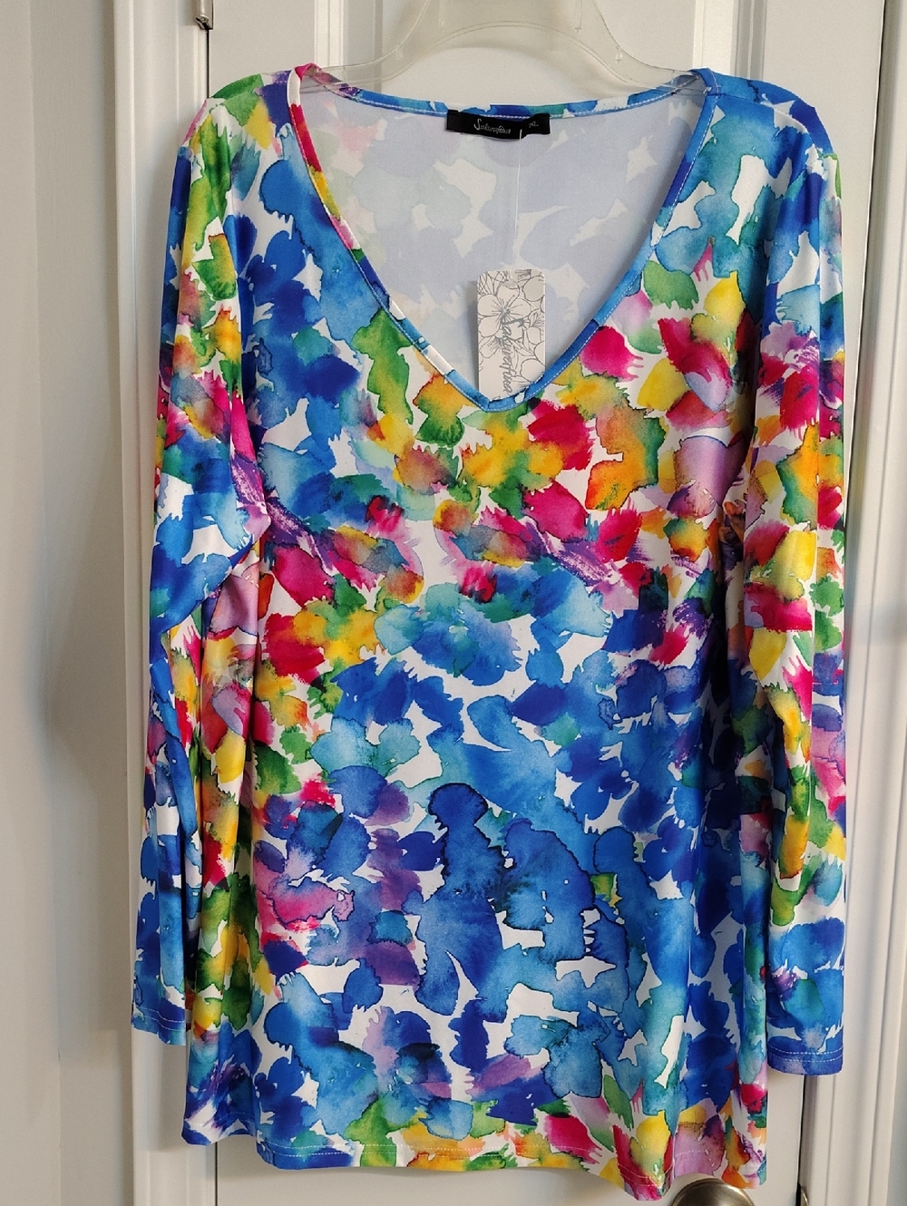 Sakurafiua V-Neck 3/4 Sleeve Floral Watercolor Tunic - Blue Pink Yellow Green